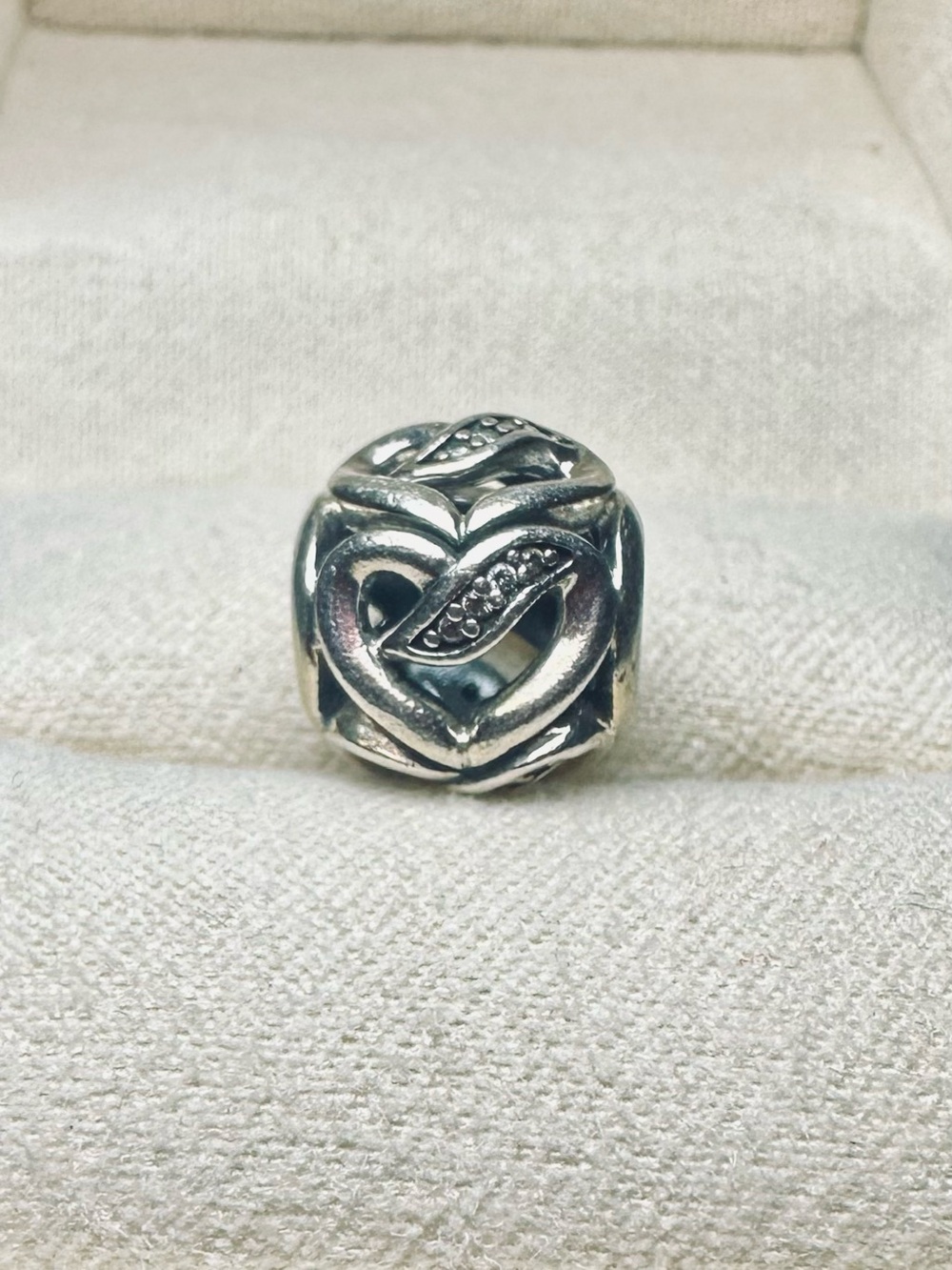 Pandora Retired Ribbons of Love Charm 925 ALE Sterling Silver CZ Hearts